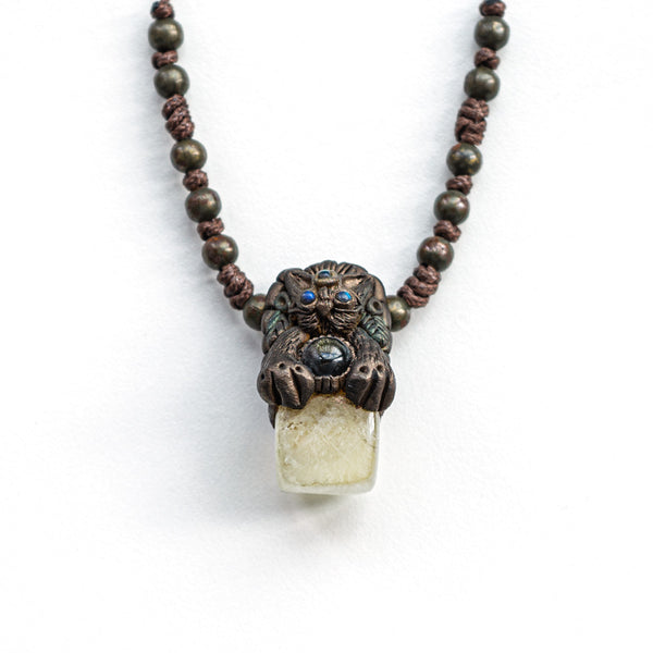 Handmade Obsidian Stone Lion White Crystal Pendant Necklace